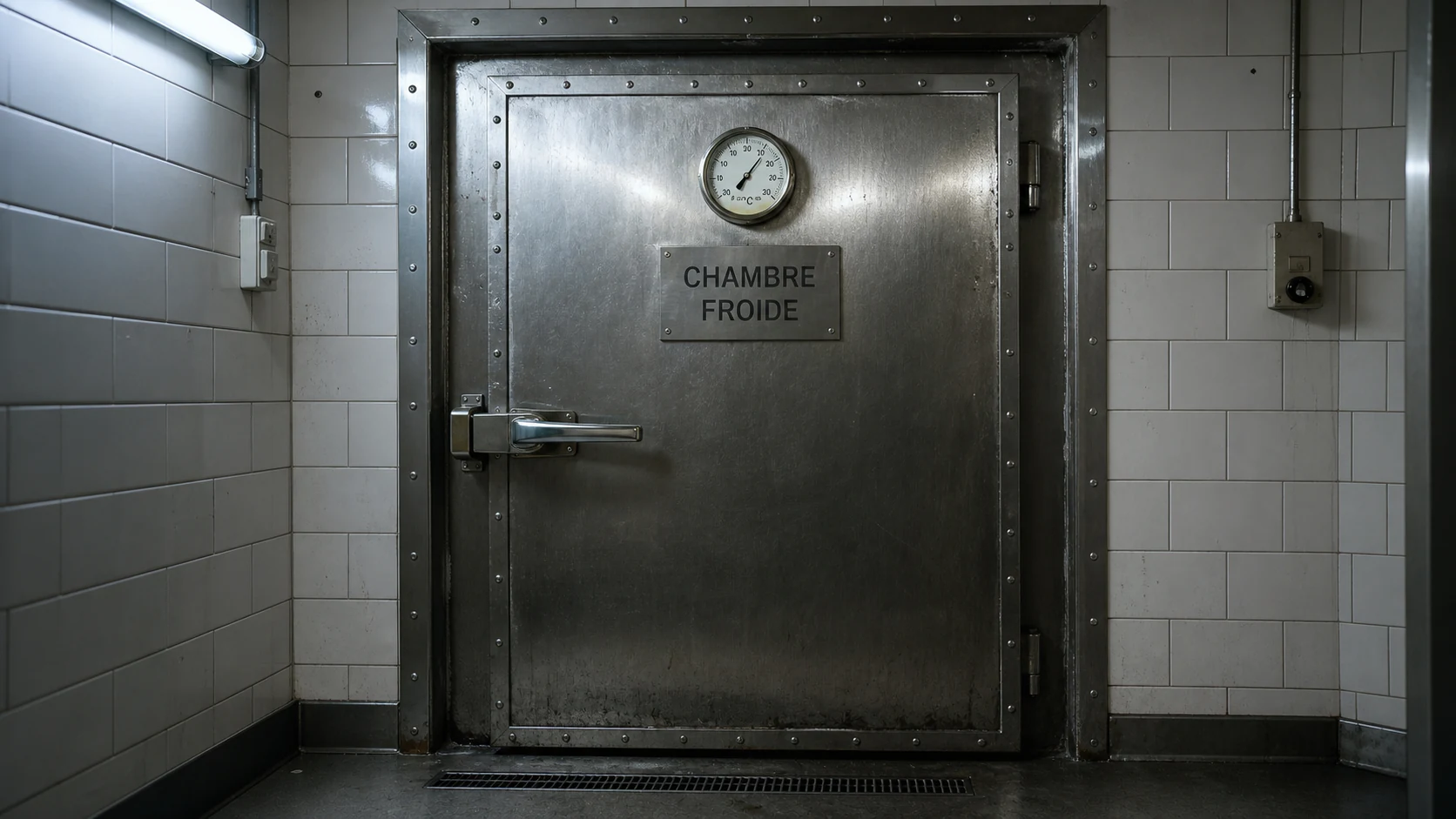 La porte inox de la chambre froide, thermomètre à 2°C